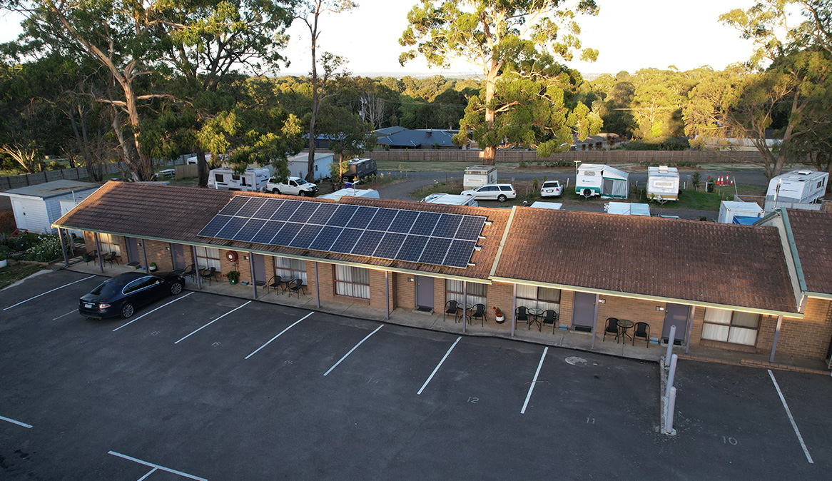 Solar panels above the roofs in carvan park