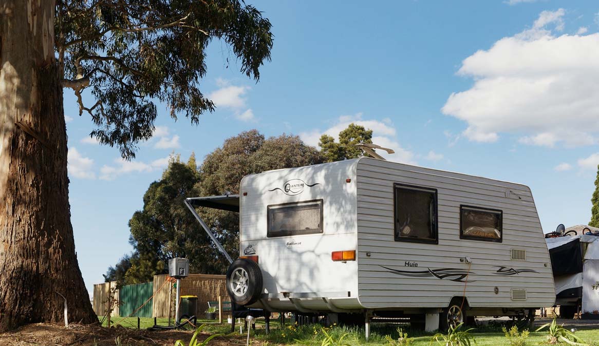 Lawn area outside carvan accommodation